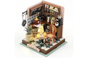HOOYSPRS DIY Miniature Dollhouse Kit Wooden Dollhouse Kit with Furniture & LED Light No Battery Building Model Kit Birthday Present (Coffee House)