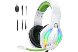 Krysenix PG1 Casque de Jeu pour PS4/PS5/PC/Nintendo Switch/Xbox One, Casque USB avec Son Microphone stéréo AI, Casque d'ordinateur avec Prise Jack 3,5 mm et lumière RVB Blanc + Vert