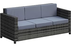 Outsunny 3 Seater Rattan Sofa with 10 cm Thick Padded Cushion, All-Weather PE Wicker Weave Garden Three-seater Bench with Armrests, Mixed Grey
