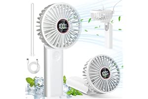 CXXBOOB Wentylator ręczny, przenośny mini wentylator z powerbankiem, ręczny wentylator biurkowy, 4 w 1, składany wentylator osobisty 6 prędkości, z wyświetlaczem LED, wentylatory ręczne USB-C, do domu, biura,