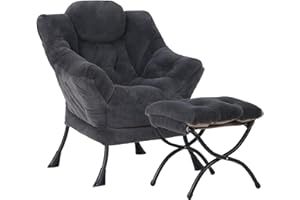 SESHINELL Armchair with Ottoman, Comfy Upholstered Lounge Reading Chair with Side Pocket and Armrests, Modern Bedroom Lazy Chair and Footstool Set for Living Room, Plush Dark Grey