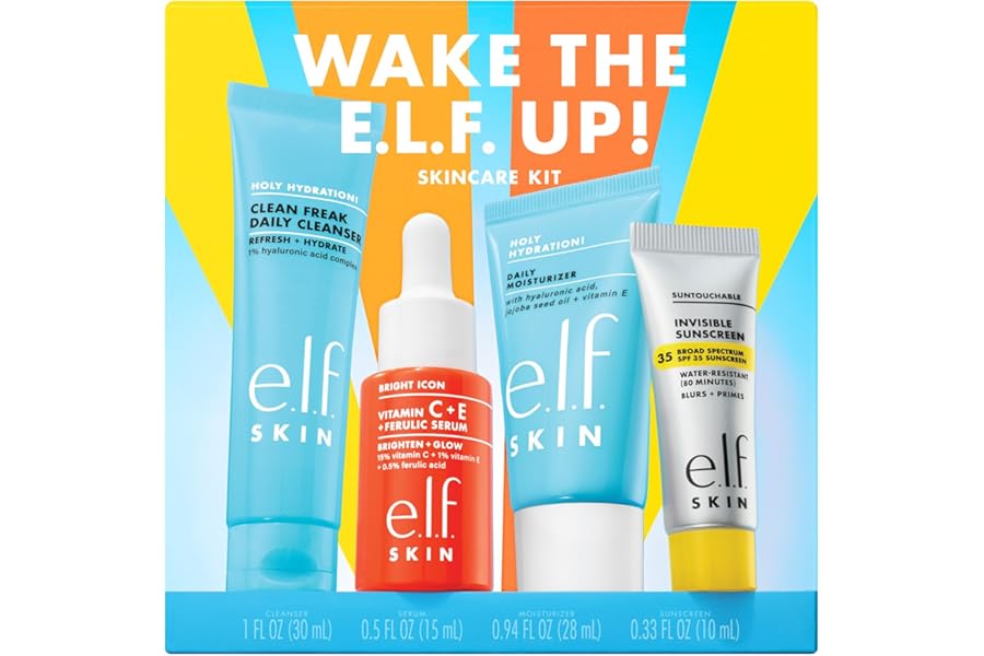 e.l.f. SKIN Wake the e.l.f. Up Skincare Kit, Travel-Size Hydrating Face Cleanser, Sunscreen, Moisturizer & Brightening Serum, Vegan & Cruelty-Free