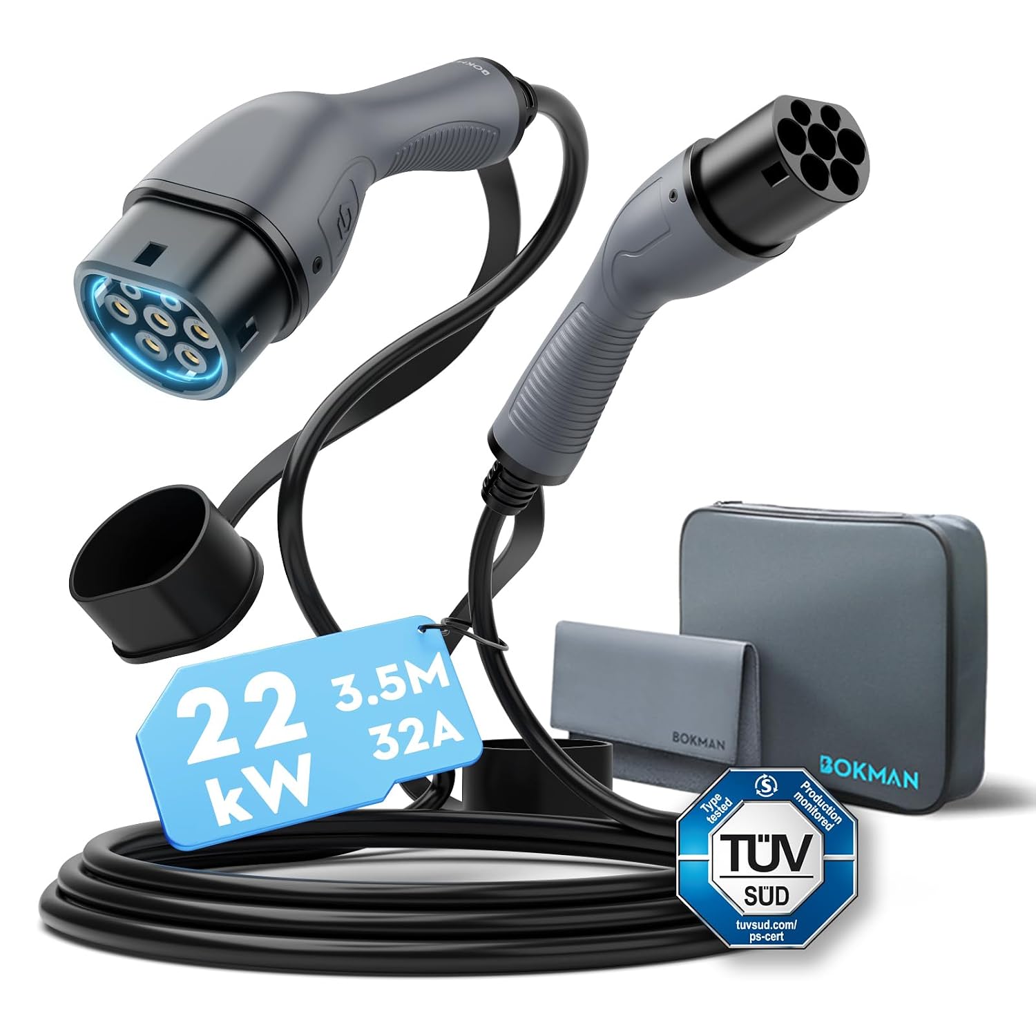 bokman Type 2 Laadkabel, 22kW | 32A Driefasig, 3,5m, IP55, compatibel met EV en PHEV