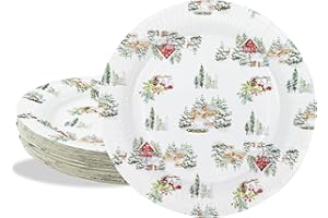 BFB Piatti di carta Natalizie 18cm Bianco 50 pezzi Casa della neve Piatti usa e getta, Set di Piatti da dessert monouso per feste