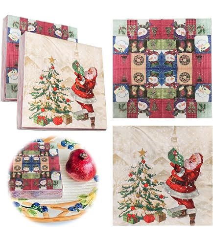 Serviettes De Noël Jetables - 60 Pièces - Motif Père Noël - Rondes - Pour Table De Fête, Dîner, Cocktails
