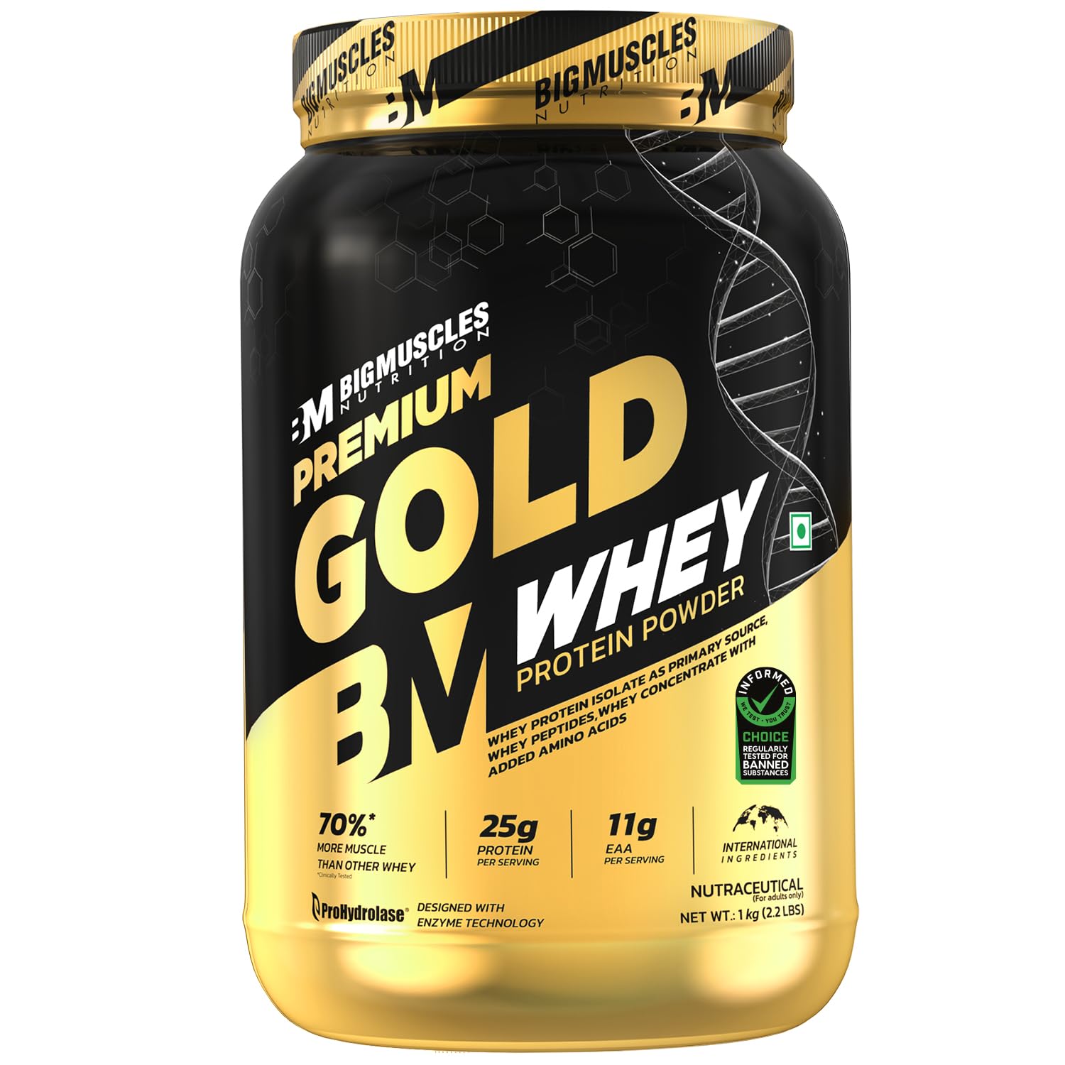 Bigmuscles Nutrition Premium Gold Whey [1Kg] | Informed Choice UK Certified | Isolate Whey Protein Blend | 25g Protein | 11g 