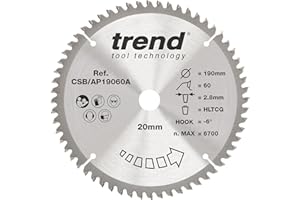 Hoja de sierra circular para aluminio y plástico Trend, 190 mm de diámetro, orificio de 20 mm, 60 dientes, corte de 2,8 mm, -6° Hook, TCT, Acabado extrafino, CSB/AP19060A