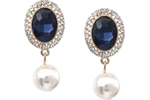 Idin Jewellery - Blue Crystal Diamante Oval with Simulated Pearl Drop Clip On Earrings