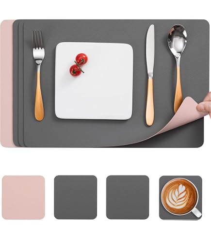 Set Di 6 Tovagliette In Pelle Lavabili Impermeabili – Doppia Faccia Beige/grigio, Antiscivolo, Rettangolari 30x43 Cm + 6 Sottobicchieri