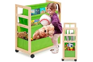 YULEYU Libreria per bambini con ruote, 3 scomparti per bambini e scatola dei giocattoli, scaffale in legno con grandi contenitori e ruote rotanti, scaffale multiuso per cameretta dei bambini, sala