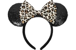 UNKJIN Mouse Ears Headband, Sequin Ears Headband with Leopard Bow, Glitter Party Hair Decoration for Women (Leopard)