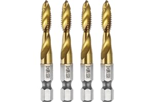 sourcing map 4pcs Combination Drill and Tap Bits Metric M6 x 1 Thread 1/4" Hex Shank Titanium Coated Threading Screw Taps 4341 High Speed Steel Machine Drilling Tapping Tool Kit