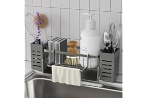Bellovero Organizador Fregadero,Soporte Estropajo Fregadero, Accesorios Cocina con Bandeja de Desagüe Autodrenante,Toallero y Caja de Almacenamiento Cepillos Cocina,Organizador Cocina (Gris)