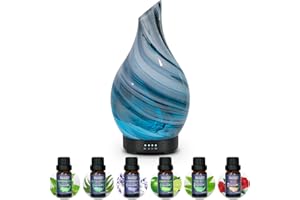 EQUSUPRO Essential Oil Diffuser 120 ML Aroma Ultrasonic Diffuser, with 6Pcs*10ml Pure Essential Oil Gift Set, Handmade Art Glass with Night Lights, BPA Free, 7 LED Lights, Waterless Auto-Off 4 Timer (Grey)