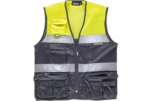 WORKTEAM Work Team Chaleco Tipo Safari Multibolsillos Bicolor, con Dos Cintas de Alta Visibilidad. Hombre Verde Oscuro+Amarillo A.V.