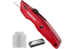 WORKPRO Cutter Universel à Lame Rétractable Professionnel, 10 Lames Supplémentaires en SK5, Manche en Aluminium Antidérapant pour Moquette, Rouge