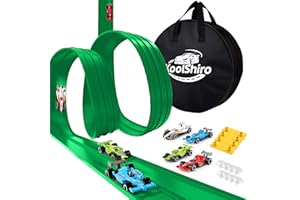 KOOLSHIRO Flexible Toy Car Track for Racing, 6M Roll Up Race Track Includes 4 Diecast Toy Cars for Boys, Diecast Cars and Monster Trucks, Attach to Windows Doors for Bumps Jumps Tunnels Loops (Green)