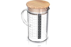 Arendo - 1l Messbecher aus Glas - 1 Liter Messkrug Glas Krug – Borosilikatglas – präzise Skala – hitzebeständig – Mikrowellen geeignet – Glasbehälter mit Bambusdeckel - Silikondichtung