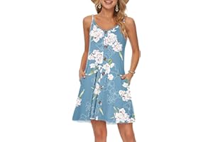 WNEEDU Abito Estivo Donna Vestito Spiaggia Cinturino Spaghetti Copricostume Abiti Casual Corto Prendisole con Scollo a V Tasche