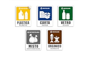 Readyprint Set 5 Adesivi per Raccolta Differenziata Grandi Mis: 15 x 20 cm, in PVC Morbido, Laminato Anti-UV, con Illustrazioni - in Italiano e Inglese
