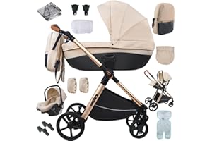 Nine point nine Kinderwagen 3 in 1, Kinderwagen Set mit Umkehrbarem Doppelschiebemodus, Kombikinderwagen 3 in 1 mit Großer Bequemer Babywanne, Kinderwagen Rahmen Aluminiumlegierung (H2 Yellowish)