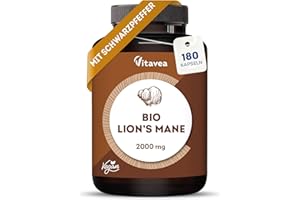 ‎VITAVEA Lions Mane 2000 mg – Bio Hericium Erinaceus Extrakt 30:1 mit Schwarzem Pfeffer – Vorrat für 3 Monate (180 Kapseln) – Mind. 40% Polysaccharide & Beta Glucan – Laborgeprüft – Vitavea