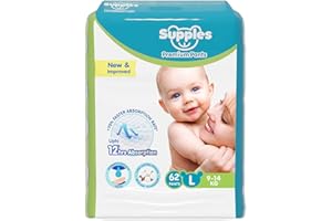 Amazon Brand - Supples Premium Baby Diaper Pants | 62 Baby Diapers | Large | 9-14 Kg | 12 Hrs Absorption | Cushiony Cotton Soft Fabric | Phthalates-Free | Triple Leak Guard