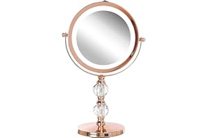 Beliani Specchio da Tavolo Double Face per Trucco a LED Metallo Rosa Oro ø 13 cm 1x / 5X