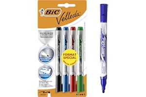 BIC Velleda Feutres pour Tableau Blanc Effaçables à Sec Pointe Conique Large - Couleurs Assorties, Blister Format Spécial de 4 - 1 Unité