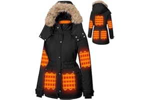 Hecusma Beheizbare Jacke Damen mit 18400mAh 12V Powerbank, Parka Heizjacke Damen, Parka Damen Winter Beheizte Jacke mit Abnehmbarer Kapuze im Freien