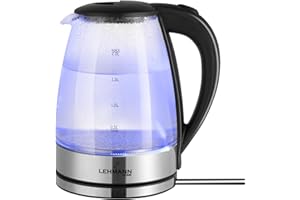 Lehmann LHOEK-2220 - Bollitore elettrico in vetro, 2 litri, 2200 W, con retroilluminazione a LED, spegnimento automatico e protezione da surriscaldamento, base girevole, senza BPA
