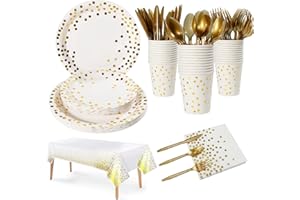 MACLUNAR 176 Stück Partygeschirr Kindergeburtstag,Weißgold Pappteller Kindergeburtstag Mädchen Junge Party Set,Pappteller,Pappbecher,Gabel,Löffel,Servietten(25 Gäste)