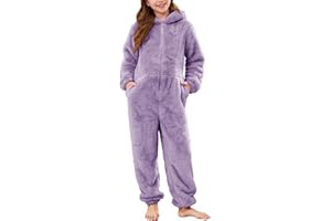 Flygo Girls Fleece Jumpsuits Fuzzy Hooded Rompers Kids Zip up Onesie Romper Costume Warm Winter Clothes 5-14 Years