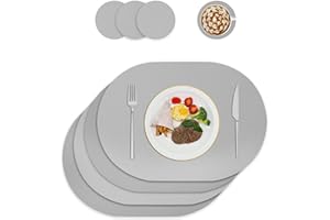 ‎WAKOSAN Tischsets und Untersetzer aus Kunstleder, Platzdeckchen abwaschbar,Platzsets abwaschbar,Tischdeko,Tischset rund,Platz-Matten für Küche Speisetisch,4er-Set (Oval, grau)