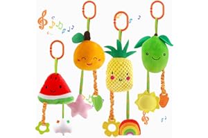 KAKIBLIN Baby Hanging Rattle Toys, 4 Pack Car Seat Stroller Baby Toys Soft Squeaky Toy for Babies Newborn Infant Car Bed Crib Travel Activity, Pineapple and Orange