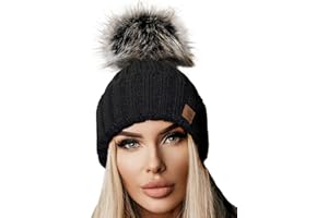 4sold Rita Lady Skullies Bonnets Bonnet fourré Hiver pour Femme Bonnet tricoté avec Torsades et Gros Pompon en Fourrure Plusieurs Coloris Taille Unique