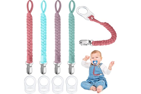 Aolso Attache Sucette, Lot de 4 Attaches-tétines avec Sangles en Coton et 4 Adaptateurs pour Sucettes, Adaptateur de Clip de Support de Sucette, adaptateur d'anneau en Silicone