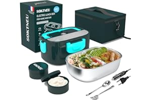 SOKTNEU Scaldavivande Elettrico Pro 60W 3 in 1 Lunch Box Portatile 1,5L Scaldavivande Porta Pranzo con Acciaio Inox Forchetta Cucchiaio e Borsa Termica per Auto Camion e Ufficio