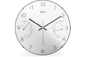 Mebus nowoczesny kwarcowy zegar ścienny z wyświetlaczem temperatury i wilgotności, średnica 30 cm duży, salon, zegar kuchenny, okrągły/model: 16106/kolor: biały