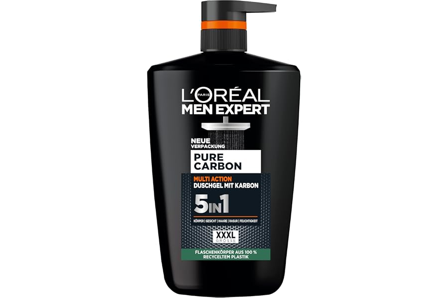 L'Oréal Men Expert XXXL 5in1 Duschgel und Shampoo für Männer, Duschbad zur Reinigung von Körper, Haar und Gesicht, Herren Körperpflege für langanhaltende Frische mit Karbon, Pure Carbon, 1 x 1000 ml