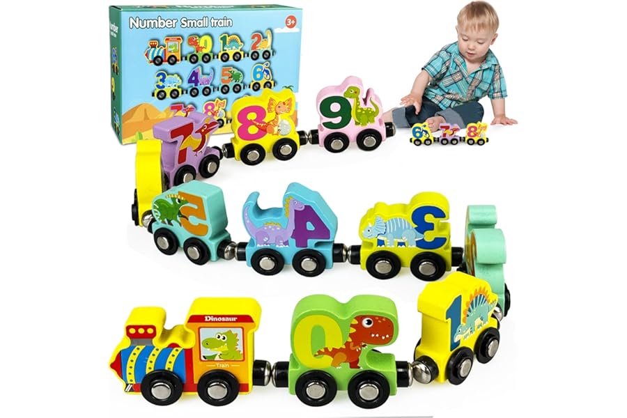 XWGKLN Wooden Dinosaur Train Set, 11PCS Magnetic Number Train Toy, Montessori Toys for Toddlers, Preschool Learning Educational Toy for 3 Years And Over Old kids, Birthday Gift for Boys, Girls