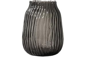 JAKY-GLOBAL Black Grey Glass Vase for Flowers,Dark Grey Bud Tall Glass Vases,H-21cm Simple Striped Design for Home Floor Decor,Farmhouse Decor, Centerpiece Coffee Table Decorations(smoke grey 21cm)