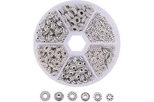 ‎PANDAHALL PH PandaHall 300pcs 6 Stil Antike Silber Abstandsperlen, Tibetische Metalllegierung Rohr Abstandshalter Blume Flache Rondelle Kleine lose Perlen für Armband Halskette Ohrring Schmuck Herstellung