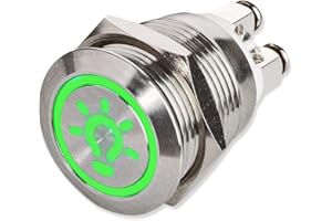 METZLER-TRADE Metzler LED Drucktaster – Licht - Symbol – Ø 19 mm – flache Tastfläche – Schraubkontakte – wasser- staubdicht IP67 – AC/DC (Grün)