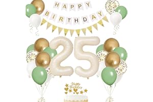 VUCDXOP 25th Birthday Decorations for Men Women,25th Birthday Balloons with Number 25 Foil Balloon Sage Green White Gold Balloons Happy Birthday Banner Birthday Cake Topper for 25th Party Decorations