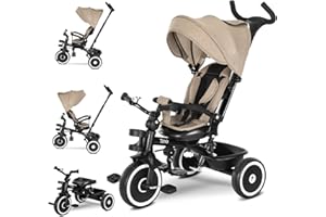 Lorelli Dreirad Tino ab 1 Jahr mit Schubstange, Sicherheitsgurt, 360 drehbar, Tricycle, Verstellbarer Elterngriff, Freilaufrad Funktion, Spielzeugkorb, Beige