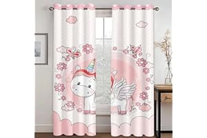 WEQEER Rideaux opaques - Rideau occultant - Motif licorne - Dessin animé - Cheval rose - Rideau de fenêtre pour chambre d'enfant - Motif arc-en-ciel - Nuages - 10, 100 x 140 cm (2 x 50 x 140 cm)