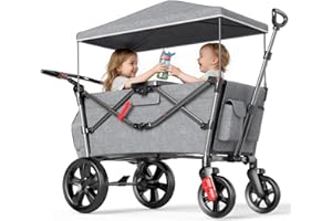 EVER ADVANCED Wagon for Kids to Sit in, Stroller Wagon for 2 Kids with Removable Canopy, Pull Along with Seats 5-Point Harnesses, Portable Push Pull Cart with Adjustable Handle Bar