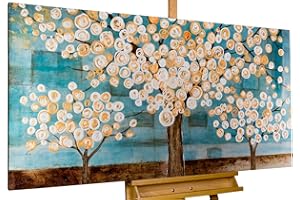 KunstLoft Leinwandbild | 100% HANDGEMALT | 140x70cm | Gemälde 'Blaue Melancholie' | Wald & Bäume | Petrol Braun | Wandbild Wohnzimmer