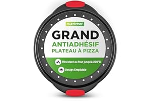NutriChef Plaque à Pizza Antiadhésive - avec Poignée en Silicone, Pan Rond en Acier Non-adhésif avec Trous Perforés, Ustensiles de Cuisine de Qualité, Plaque à Pizza avec Poignée Silicone et Poignée